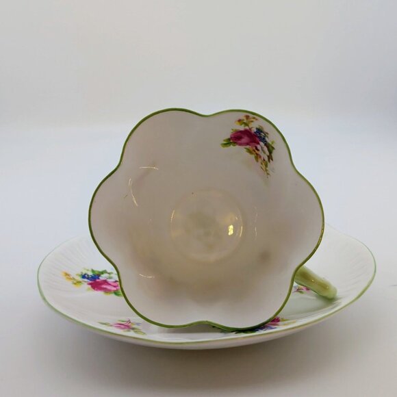 Shelley China Hulmes Rose Teacup & Saucer Dainty Shape Floral Design Green Trim - Picture 4 of 14